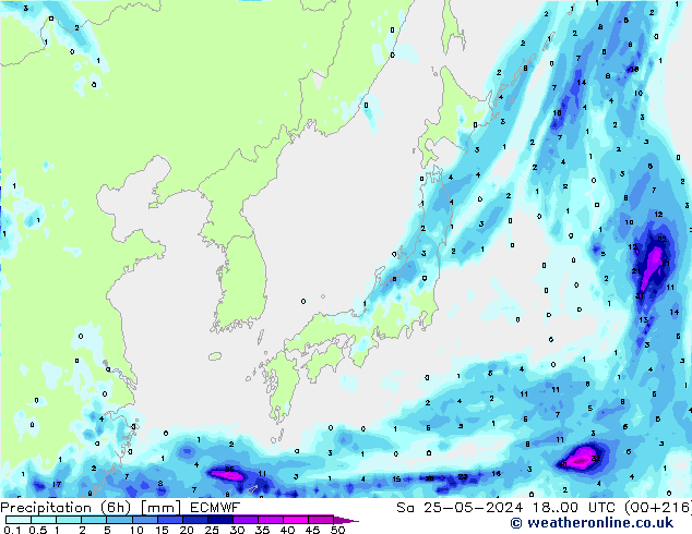 Precipitation (6h) ECMWF Sa 25.05.2024 00 UTC