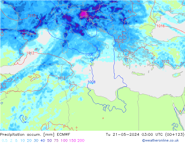 Precipitation accum. ECMWF вт 21.05.2024 03 UTC