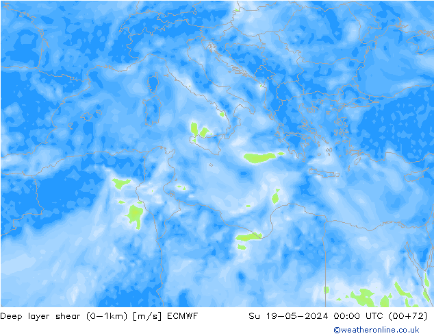 Deep layer shear (0-1km) ECMWF Paz 19.05.2024 00 UTC