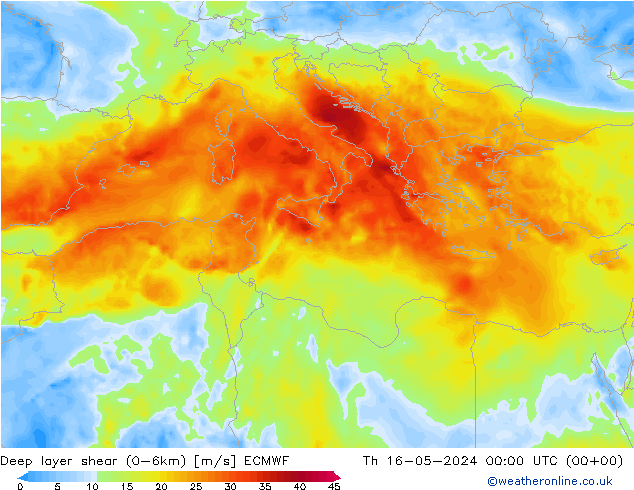 Deep layer shear (0-6km) ECMWF jeu 16.05.2024 00 UTC