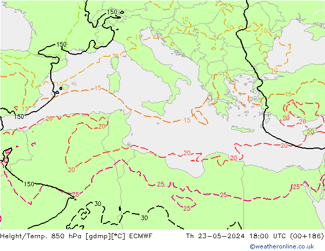 Geop./Temp. 850 hPa ECMWF jue 23.05.2024 18 UTC