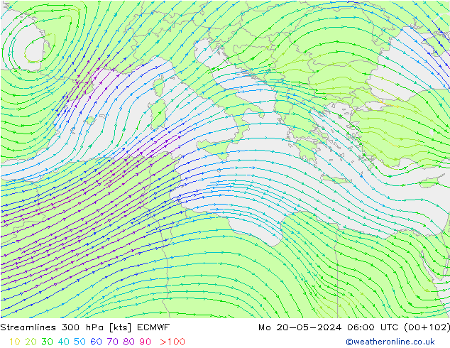 Streamlines 300 hPa ECMWF Mo 20.05.2024 06 UTC