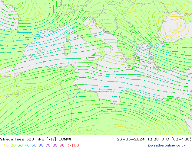 Streamlines 500 hPa ECMWF Th 23.05.2024 18 UTC