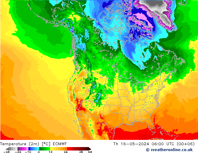 Temperatuurkaart (2m) ECMWF do 16.05.2024 06 UTC