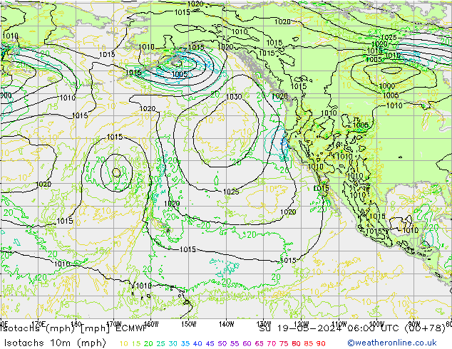 Isotachen (mph) ECMWF zo 19.05.2024 06 UTC