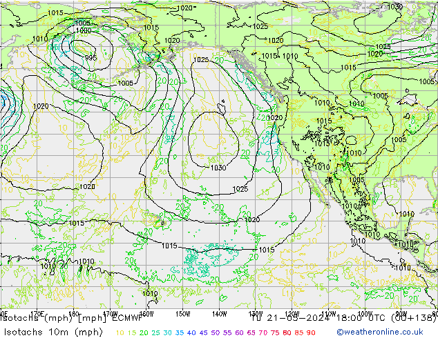 Isotachs (mph) ECMWF Tu 21.05.2024 18 UTC