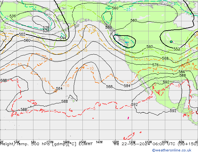 Z500/Rain (+SLP)/Z850 ECMWF We 22.05.2024 06 UTC