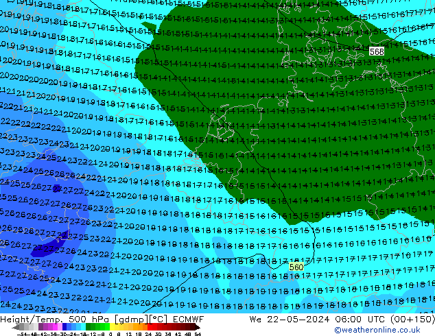 Height/Temp. 500 hPa ECMWF We 22.05.2024 06 UTC