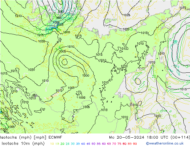 Izotacha (mph) ECMWF pon. 20.05.2024 18 UTC