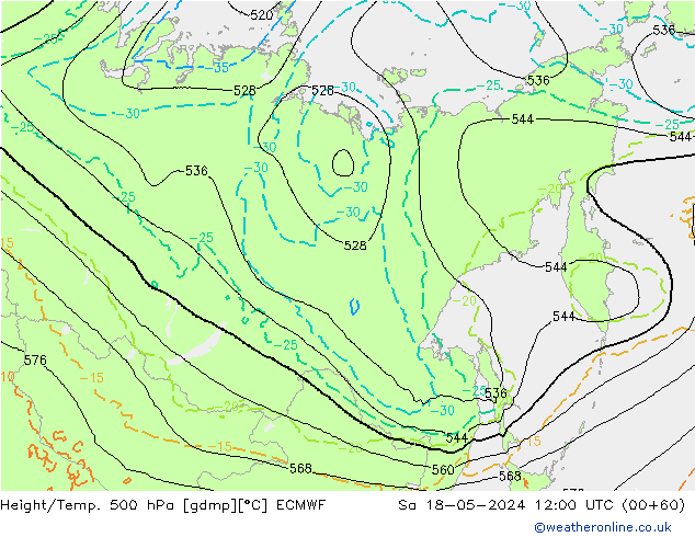 Z500/Rain (+SLP)/Z850 ECMWF so. 18.05.2024 12 UTC