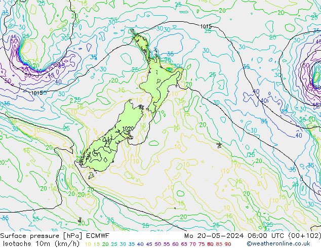 Eşrüzgar Hızları (km/sa) ECMWF Pzt 20.05.2024 06 UTC