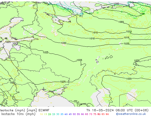 Isotachen (mph) ECMWF do 16.05.2024 06 UTC