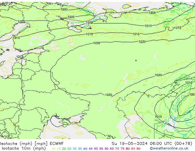 Isotachs (mph) ECMWF Вс 19.05.2024 06 UTC