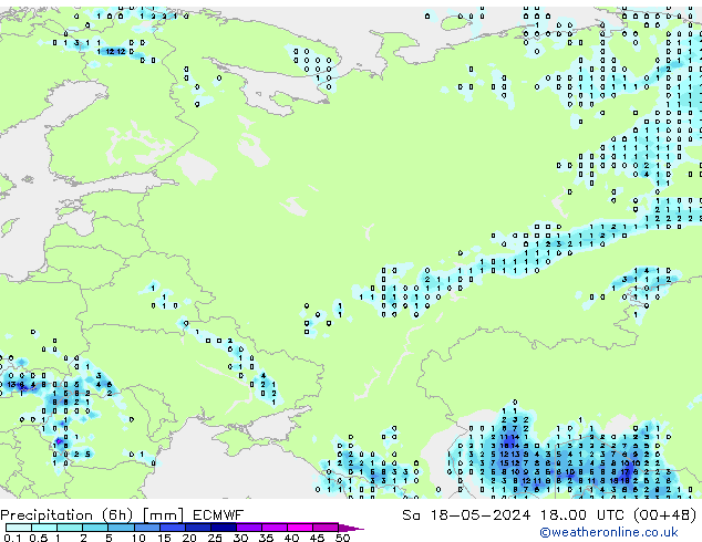 осадки (6h) ECMWF сб 18.05.2024 00 UTC
