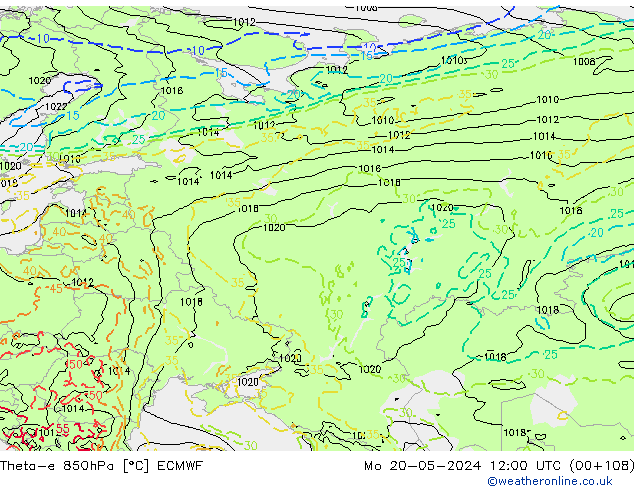 Theta-e 850hPa ECMWF Mo 20.05.2024 12 UTC