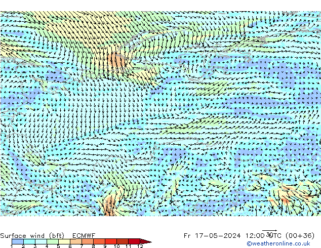 Surface wind (bft) ECMWF Pá 17.05.2024 12 UTC