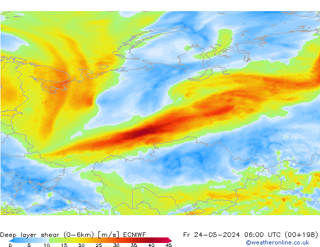 Deep layer shear (0-6km) ECMWF ven 24.05.2024 06 UTC