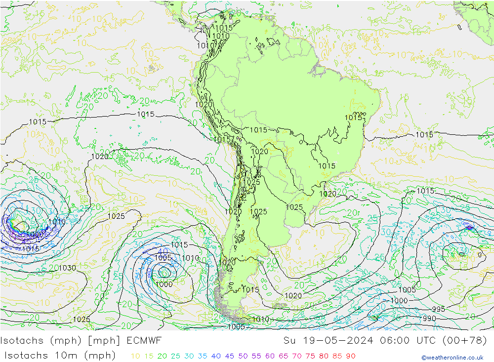 Isotachs (mph) ECMWF Dom 19.05.2024 06 UTC