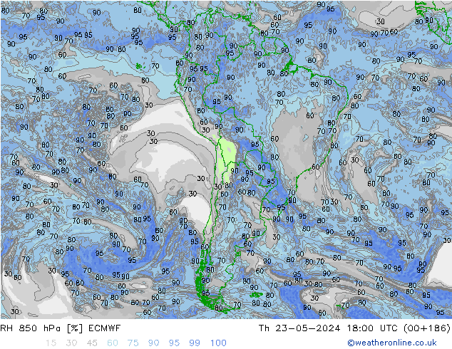 RH 850 гПа ECMWF чт 23.05.2024 18 UTC