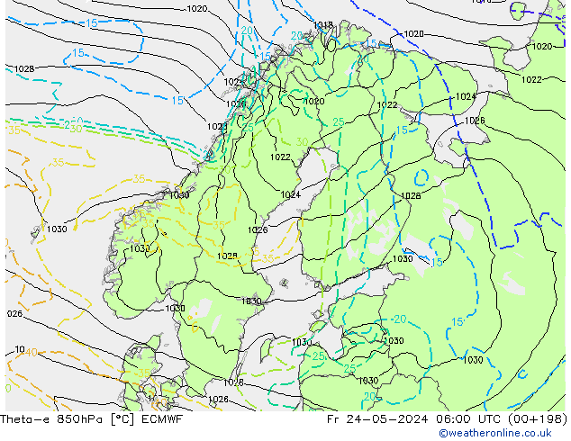 Theta-e 850hPa ECMWF ven 24.05.2024 06 UTC