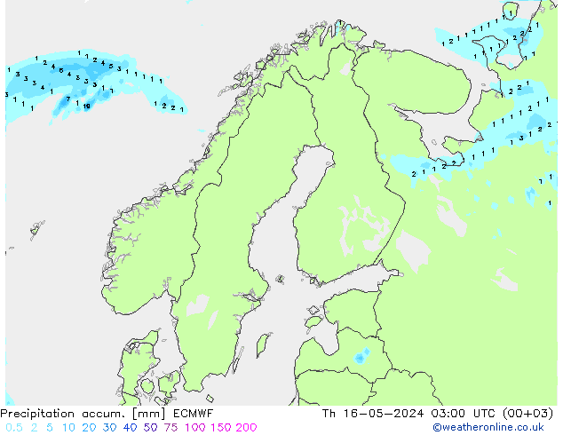 Precipitation accum. ECMWF 星期四 16.05.2024 03 UTC