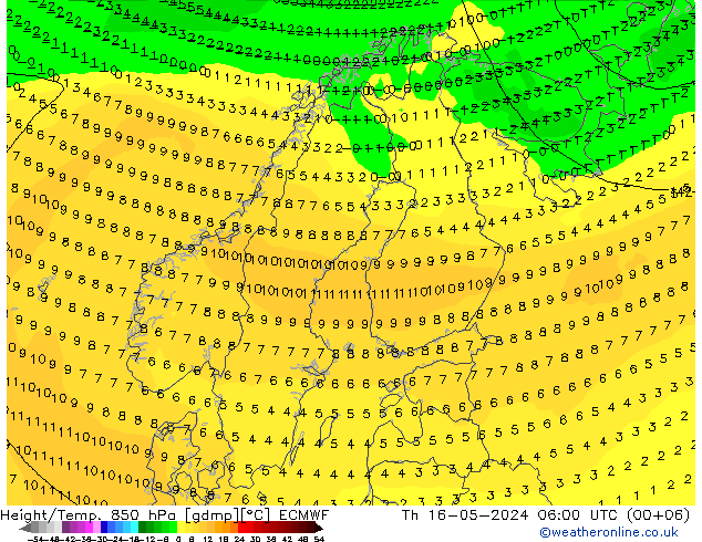 Height/Temp. 850 hPa ECMWF Qui 16.05.2024 06 UTC