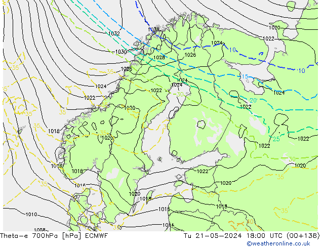 Theta-e 700hPa ECMWF Tu 21.05.2024 18 UTC