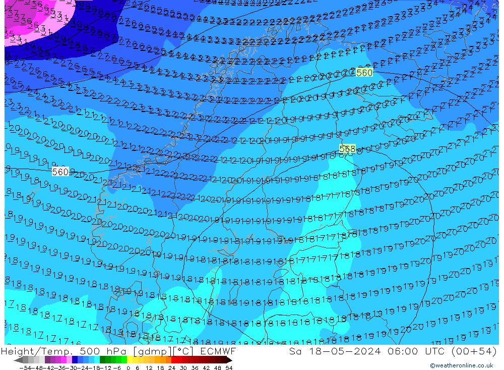 Z500/Rain (+SLP)/Z850 ECMWF so. 18.05.2024 06 UTC