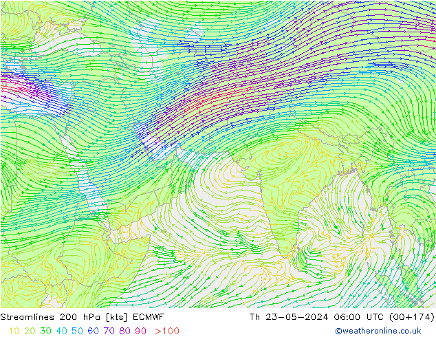 Linea di flusso 200 hPa ECMWF gio 23.05.2024 06 UTC