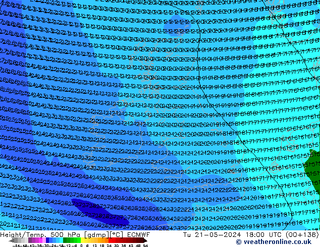 Z500/Rain (+SLP)/Z850 ECMWF Tu 21.05.2024 18 UTC