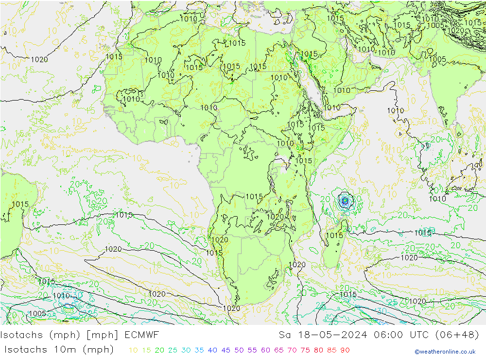 Isotachen (mph) ECMWF za 18.05.2024 06 UTC