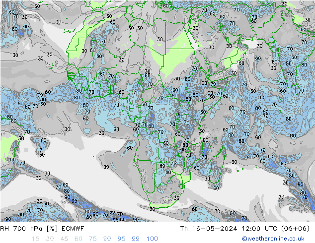 RH 700 hPa ECMWF Qui 16.05.2024 12 UTC