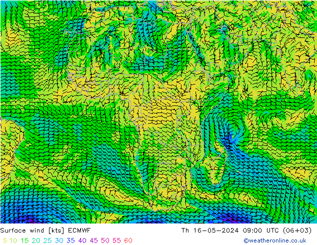 Wind 10 m ECMWF do 16.05.2024 09 UTC
