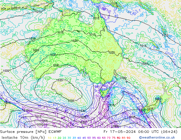 Isotachs (kph) ECMWF Sex 17.05.2024 06 UTC