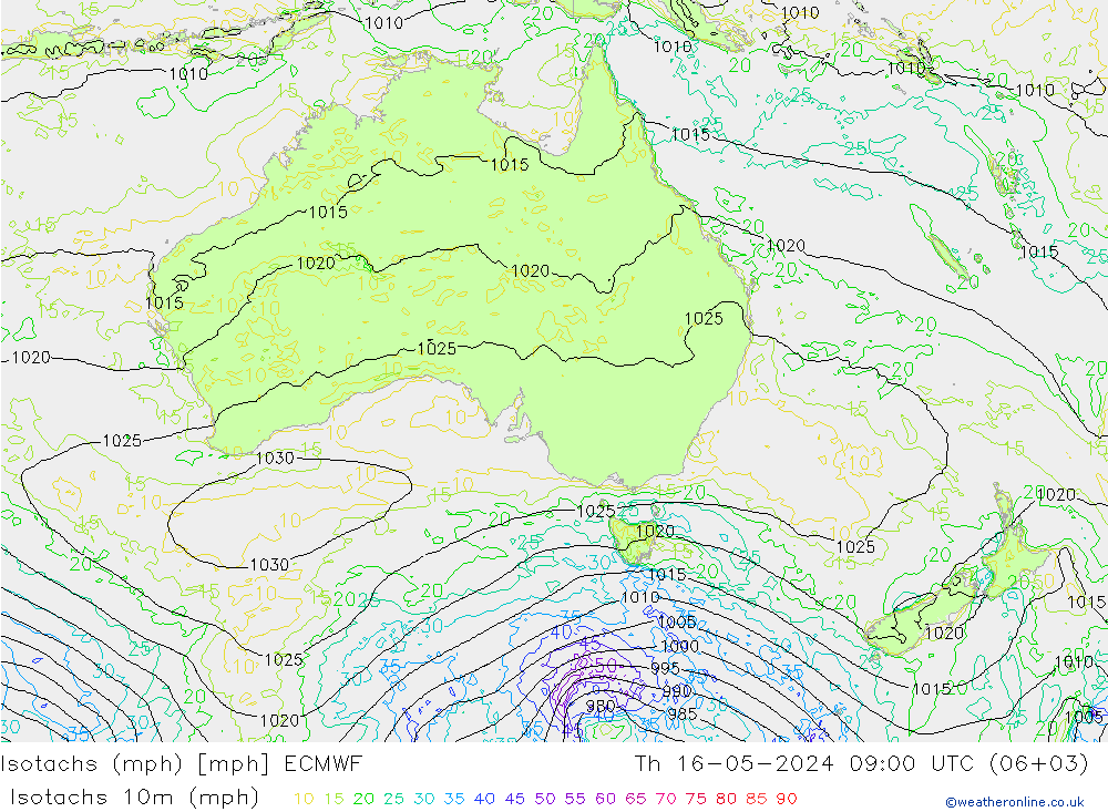 Isotachs (mph) ECMWF чт 16.05.2024 09 UTC