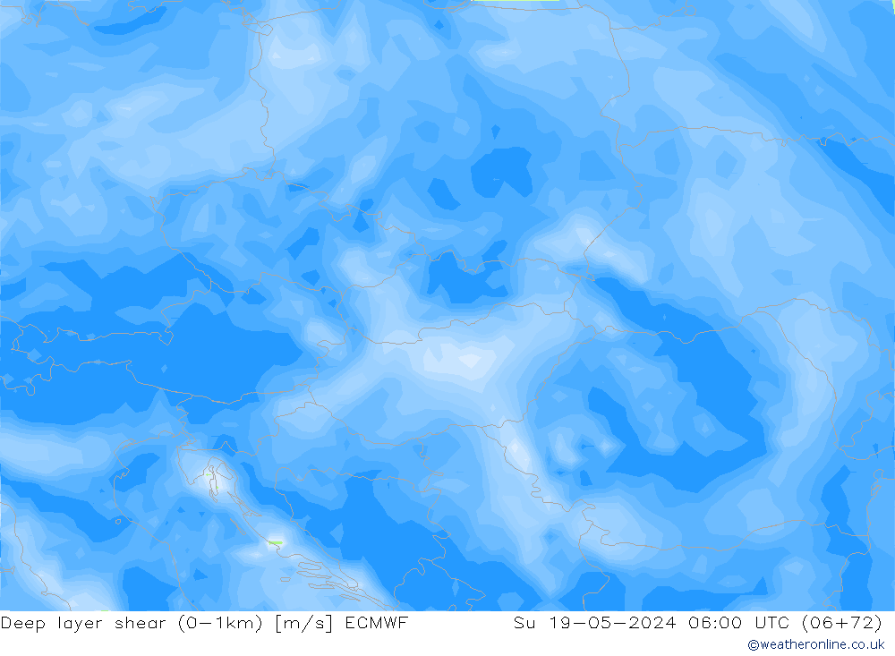 Deep layer shear (0-1km) ECMWF Su 19.05.2024 06 UTC
