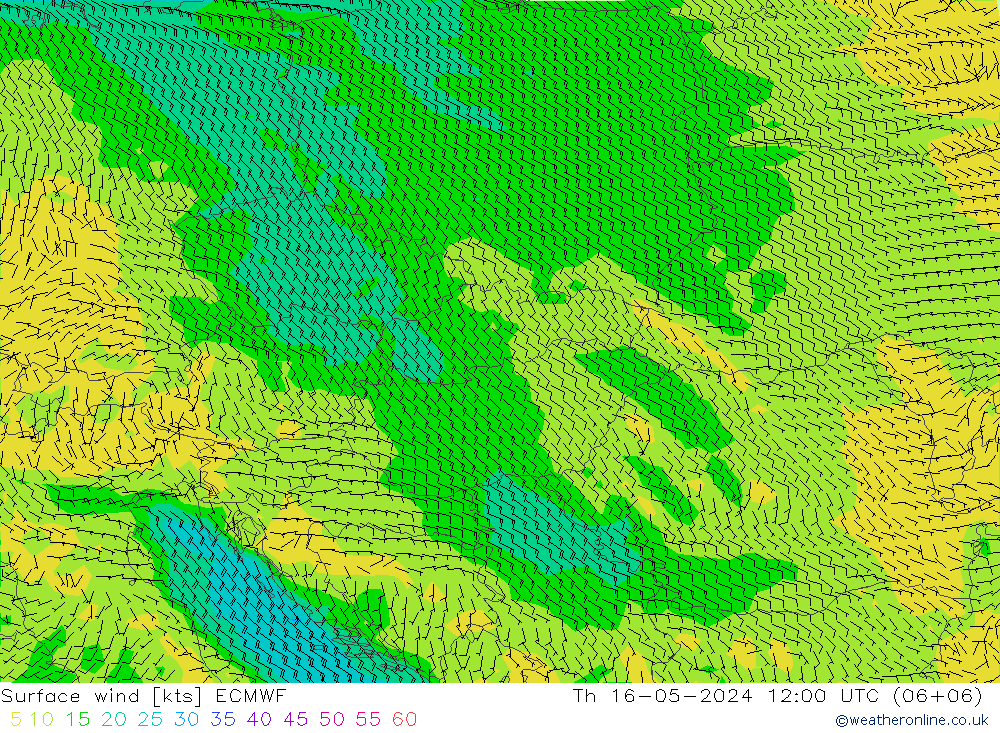 Surface wind ECMWF Čt 16.05.2024 12 UTC
