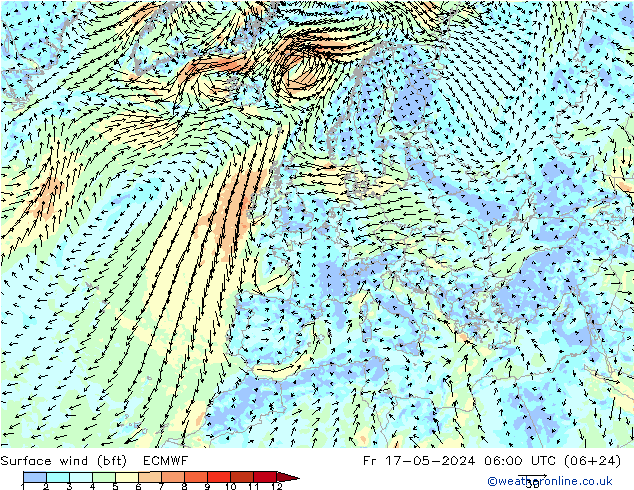 Bodenwind (bft) ECMWF Fr 17.05.2024 06 UTC