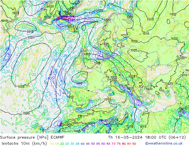 Isotachen (km/h) ECMWF do 16.05.2024 18 UTC