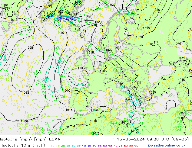 Isotachen (mph) ECMWF Do 16.05.2024 09 UTC