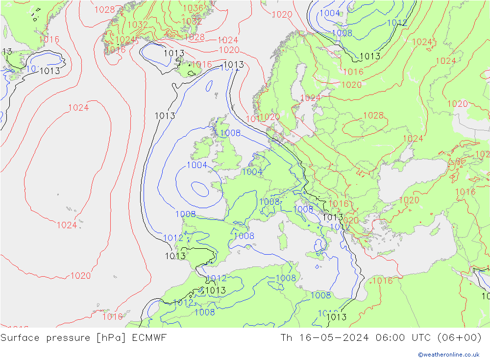 pressão do solo ECMWF Qui 16.05.2024 06 UTC