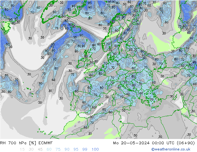 RH 700 hPa ECMWF Mo 20.05.2024 00 UTC