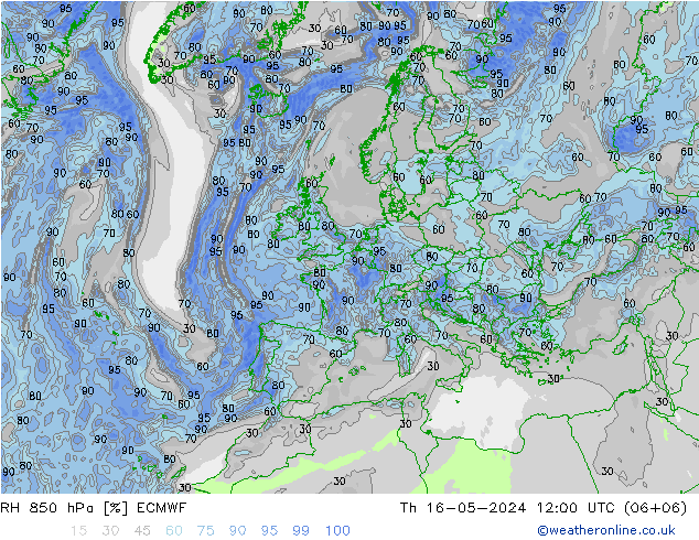 Humedad rel. 850hPa ECMWF jue 16.05.2024 12 UTC