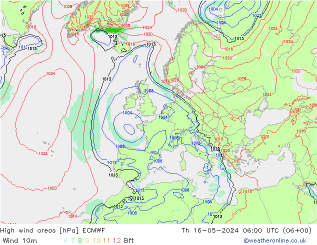 High wind areas ECMWF Th 16.05.2024 06 UTC