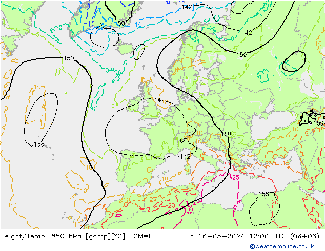 Geop./Temp. 850 hPa ECMWF jue 16.05.2024 12 UTC