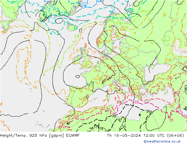 Hoogte/Temp. 925 hPa ECMWF do 16.05.2024 12 UTC
