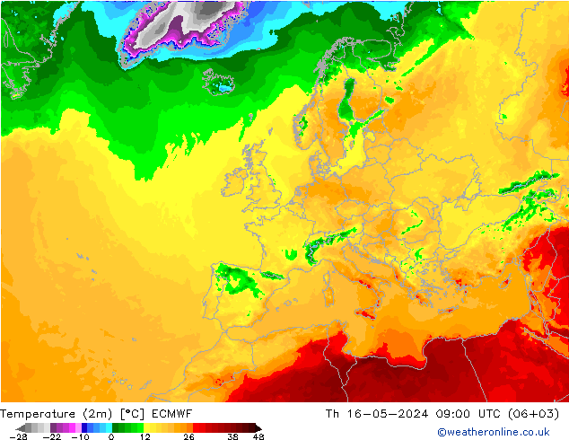 Temperatura (2m) ECMWF Qui 16.05.2024 09 UTC