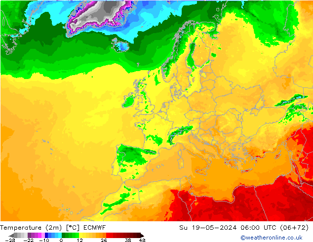Temperatuurkaart (2m) ECMWF zo 19.05.2024 06 UTC