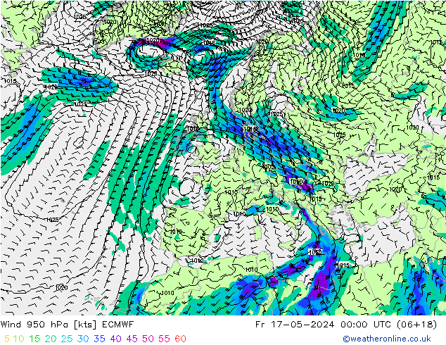 Wind 950 hPa ECMWF vr 17.05.2024 00 UTC