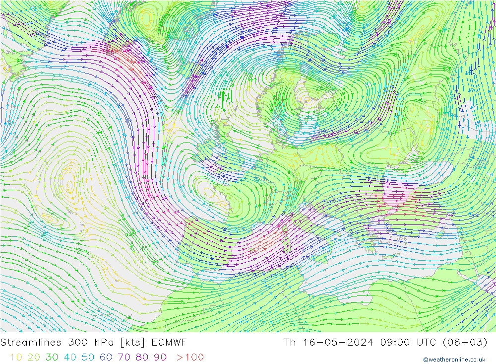 Linha de corrente 300 hPa ECMWF Qui 16.05.2024 09 UTC